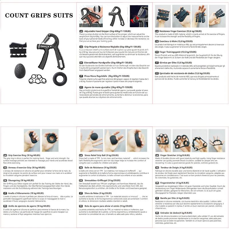 

5PC/Set Gym Fitness Adjustable Hand Grip Set Finger Forearm Strength Muscle Recovery Heavy Hand Gripper Exerciser Trainer