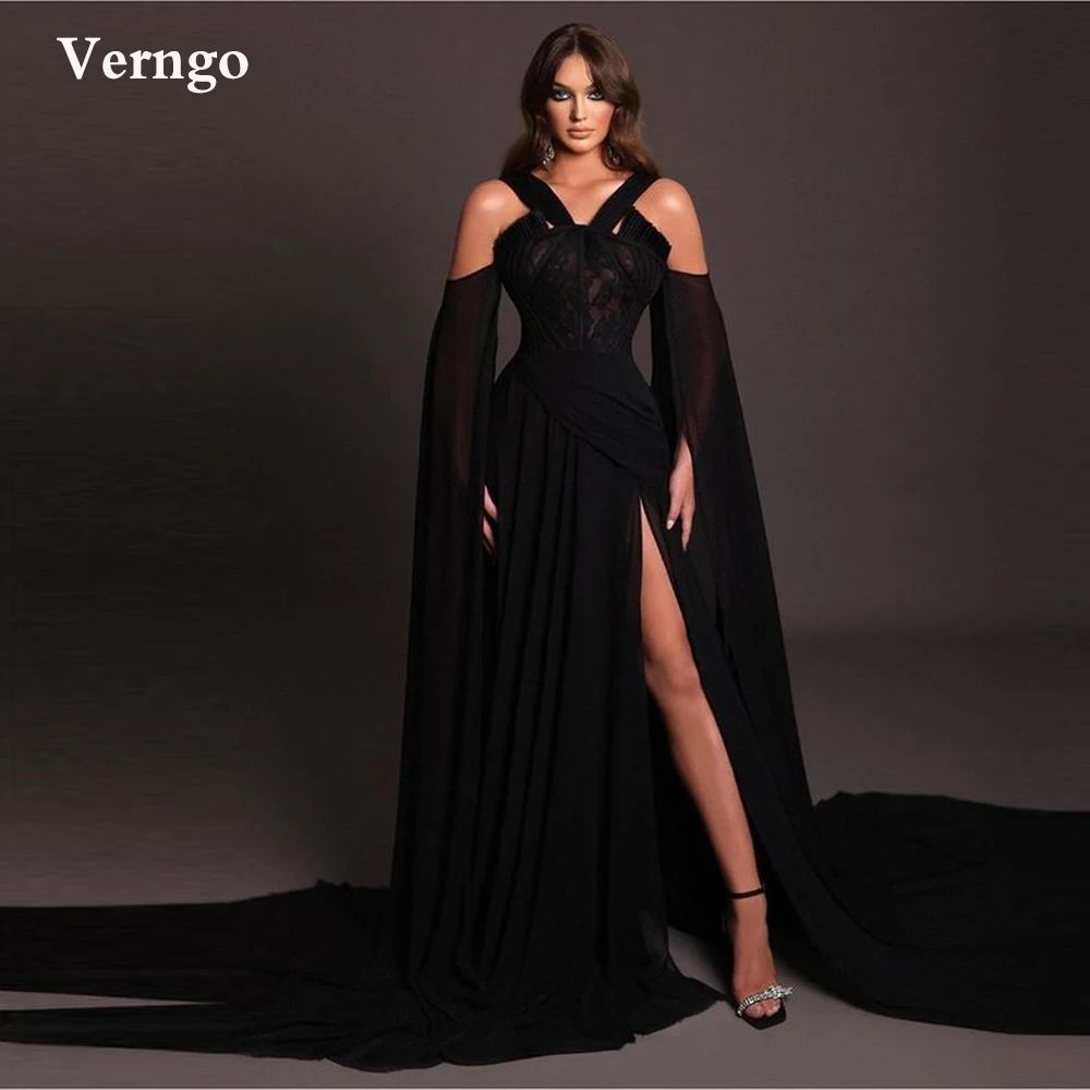 

Verngo Stylish Black Chiffon Prom Dresses Long Cape Sleeves Halter Applique Side Slit Sweep Train Evening Gowns Sexy Women Party