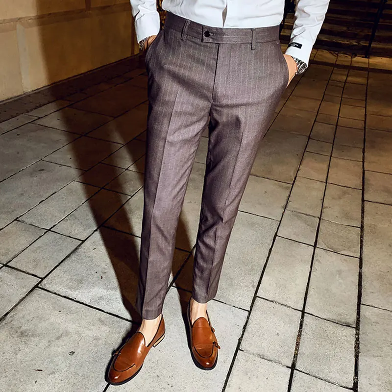 Men Suit Pants 2020 New Fashion Slim Fit Stripe Print Flat Front Stretch Dress Straight Cotton Business Formal Trousers | Мужская одежда