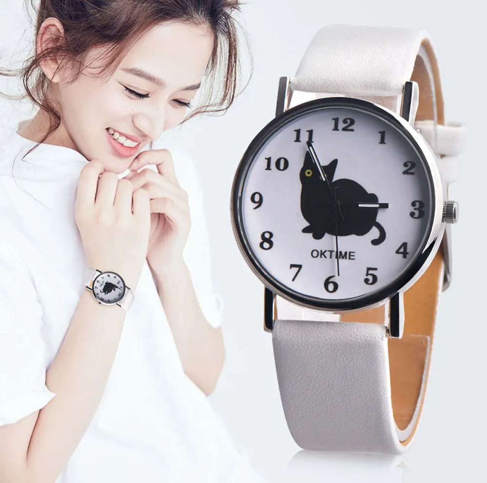 

Fashion Women Watches Cute Cat Faux Leather Analog Quartz Watches Ladies Casual Dress Quartz Wristwatch For Female reloj mujer
