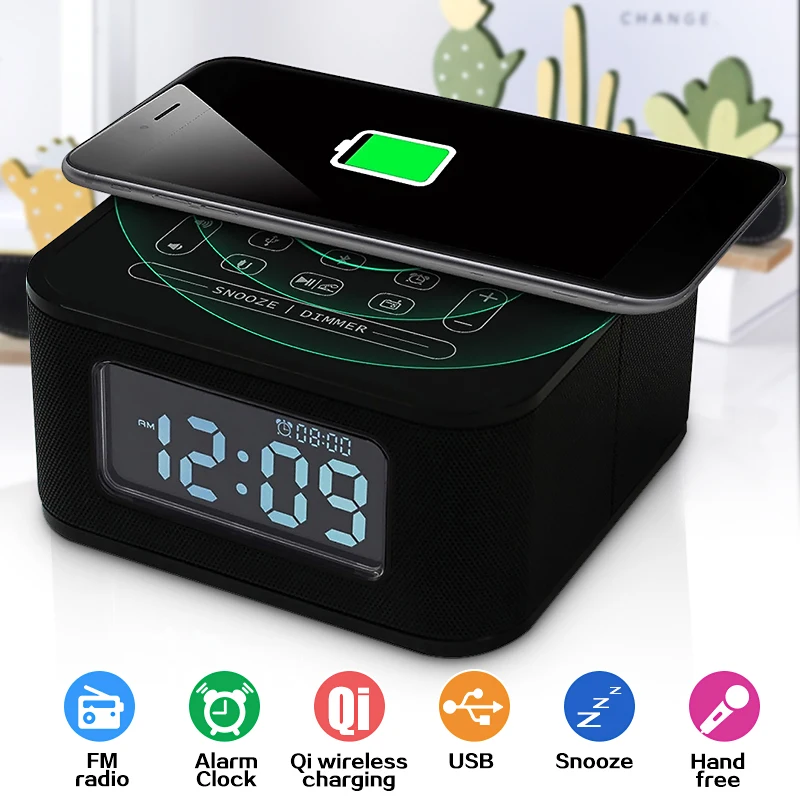 Цифровая bluetooth Колонка NFC Qi беспроводное зарядное устройство будильник термометр