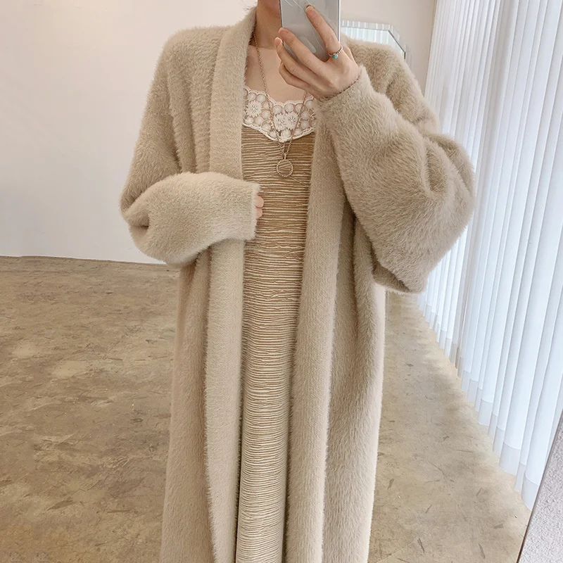 

Korean Chic Autumn and Winter Elegant Loose Knee Length Long Sleeved Warm Heavy Industry Imitation Mink Cardigan Jacket Women
