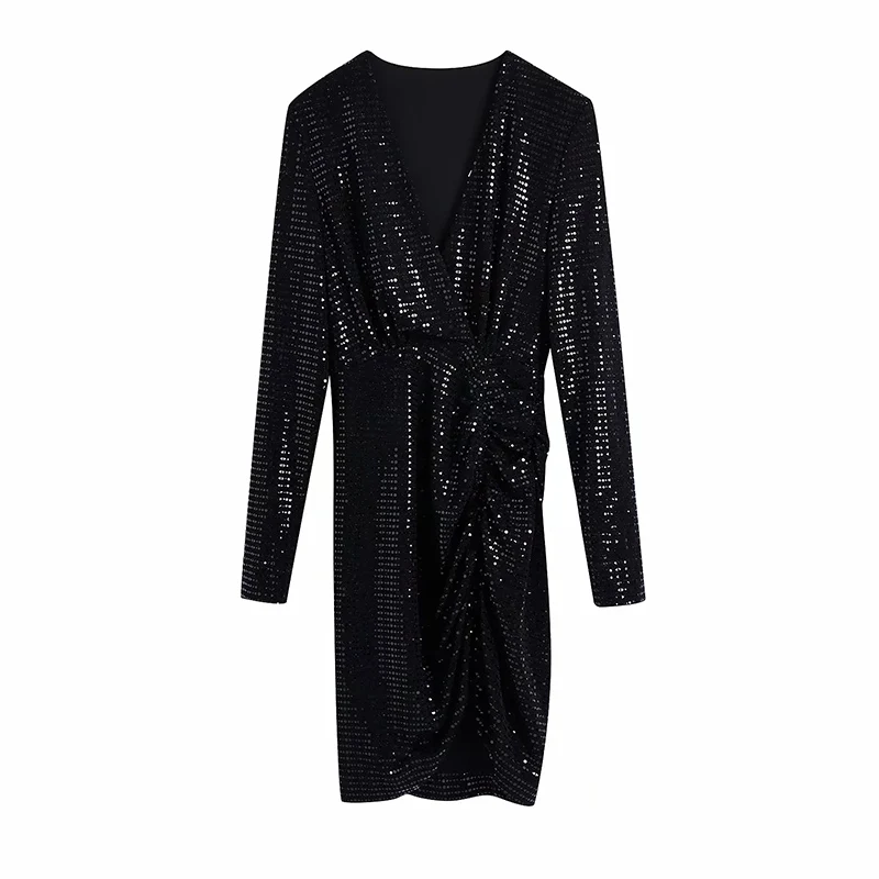 

Stylish Sequined Dress Women Fashion Sexy V Neck Folds Elegant Straight Long Sleeve Mini Dresses