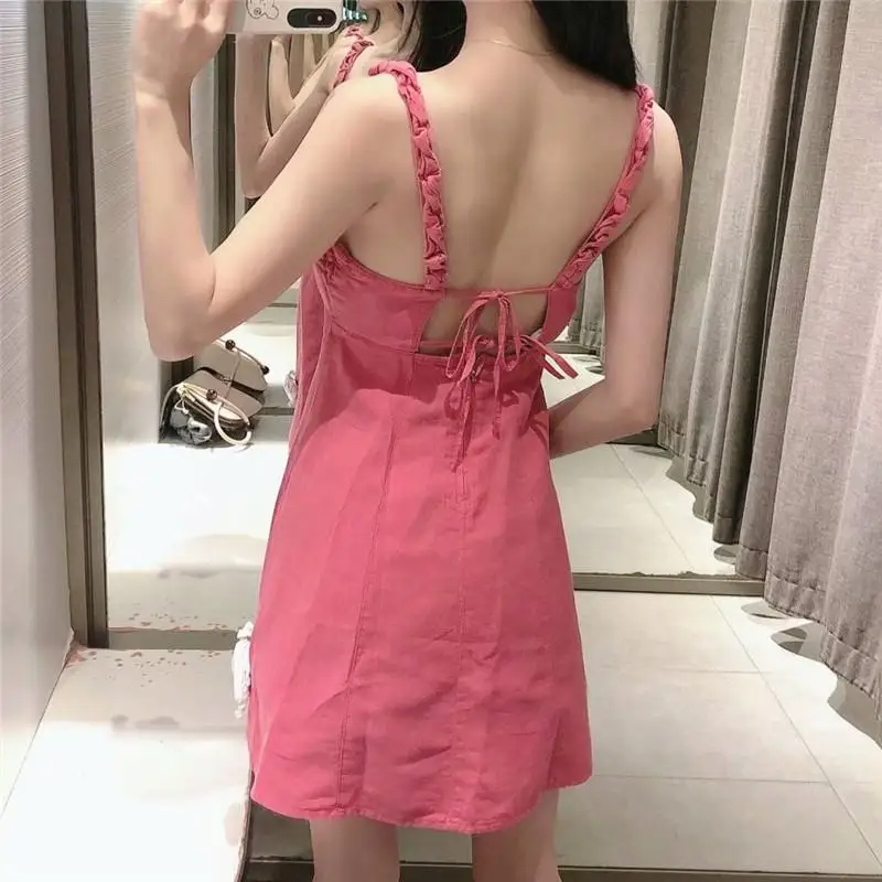 

Za 2021 Pink Linen Summer Dress Women Sleeveless Wide Straps Backless Sexy Party Dresses Back Tie Zip Woman Ruching Mini Dress