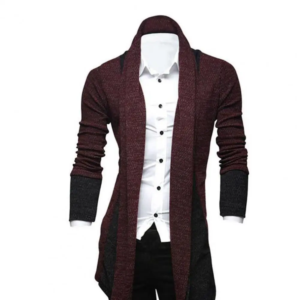 Slim Men Knitted Long Cardigan Fashion Sweaters Knitwear 2021 Patchwork Stand Collar Knit Jacket Coat Outerwear Autumn Winter