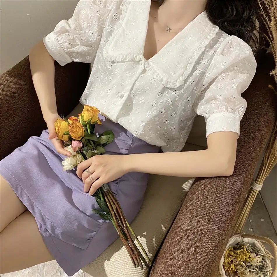 

Summer Short Sleeve Women Shirt Lady Peter Pan Collar Casual Solid Blouse Sweet Clothe Fashion Tops Blusa Streetwear Hot Girls