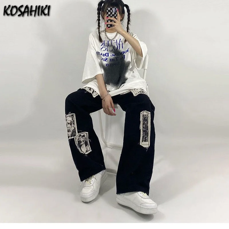 

KOSAHIKI Hip Hop Streetwear Graffiti Baggy Cargo Pants Women Jogger Sweatpants Casual Vintage Harajuku High Waist Trousers