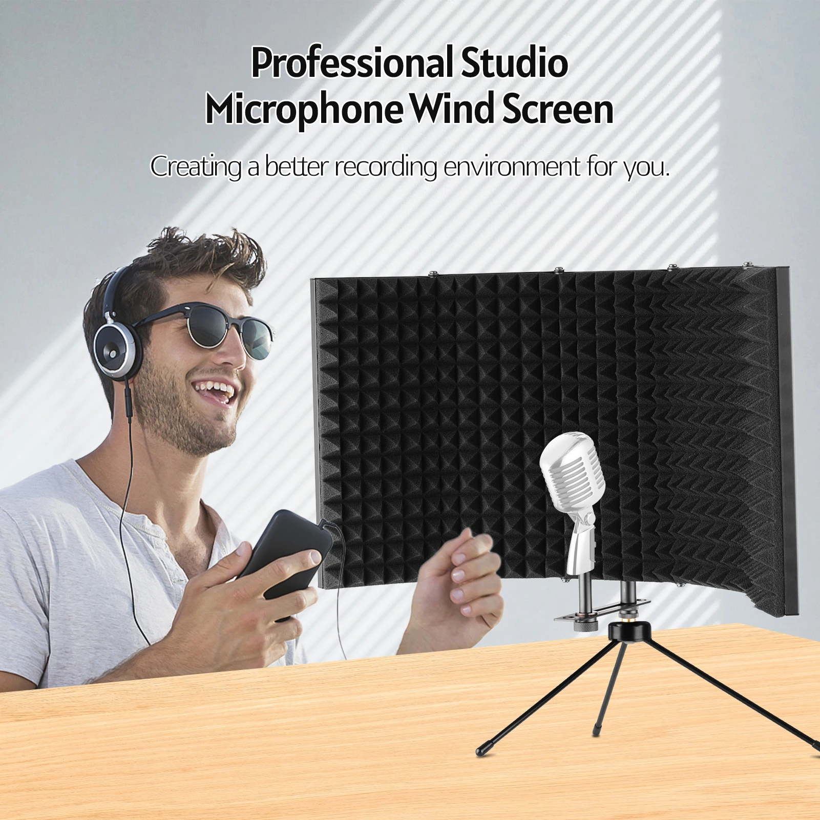 

ammoon K501 Microphone Isolation Shield Compact Foldable Tabletop Isolation Shield with Microphone Tripod Stand Supporting Rod