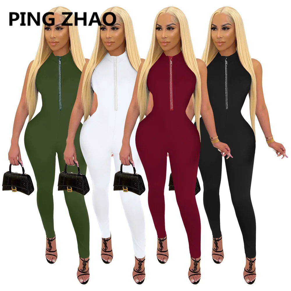 

PING ZHAO 2022 New Style Women Solid Color One Piece Jumpsuit Ladies Diamonds Zipper Front Sleeveless Sexy Rompers Playsuits