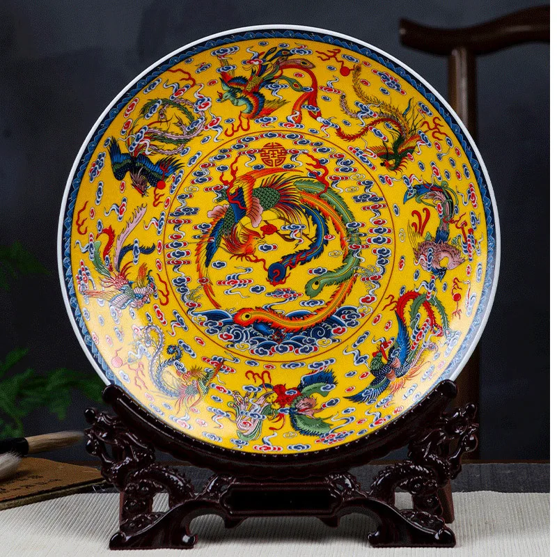 

Художественная керамическая декоративная тарелка Fengshui, древнее китайское украшение с девятью фениксами, деревянная основа, набор китайски...