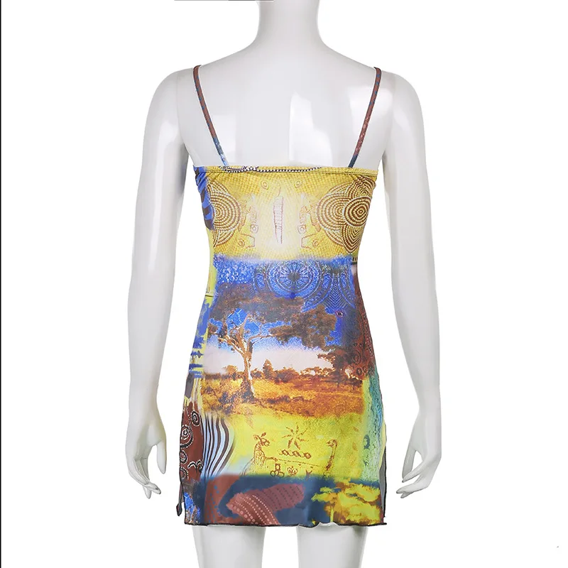 

ALLNeon 90s Vintage Aesthetics Backless Art Graphic Print Mini Dresses Y2K Fairycore V-neck Slit Hem Lace Trim Cami Dress Summer