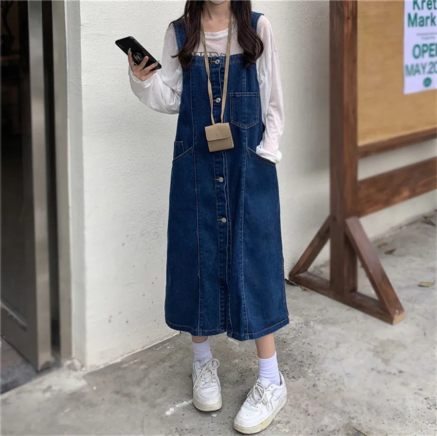 Женское джинсовое платье в Корейском стиле длинное однобортное сарафан уличном