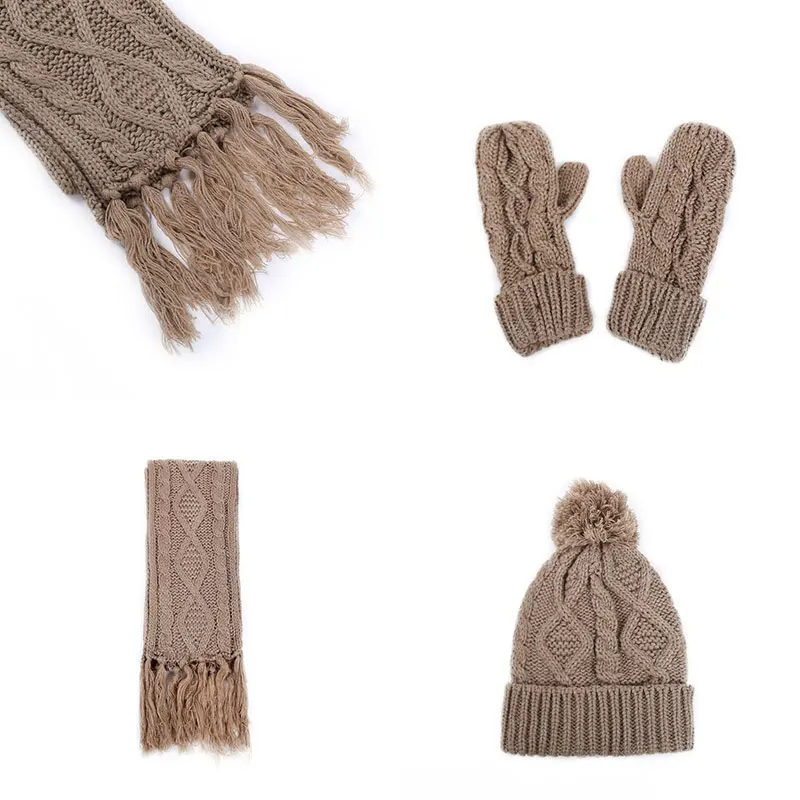 

Knitted Hat Scarf Gloves Set Winter Warm Tassel Pompom Skullies Beanies Cap Three-piece Set Thicken Soft Mittens Gloves Caps New