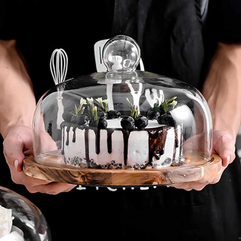 Западный поворотный лоток для торта прозрачная стеклянная крышка бамбуковый