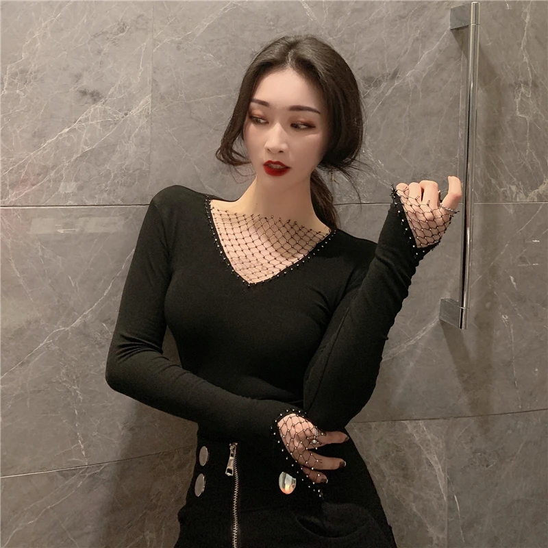 Chic Women Thin T-shirts Spring Long Sleeve Rhinestones Pullovers Femme Shiny Black Tops | Женская одежда
