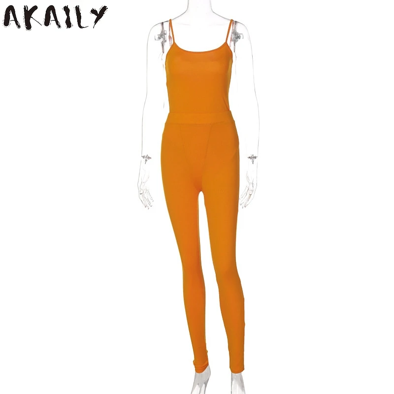 

Akaily Streetwear Solid Bodycon 2 Two Piece Sets Women Outfits Summer Sleeveless Backless Bodysuit Skinny Long Pants Sets Female