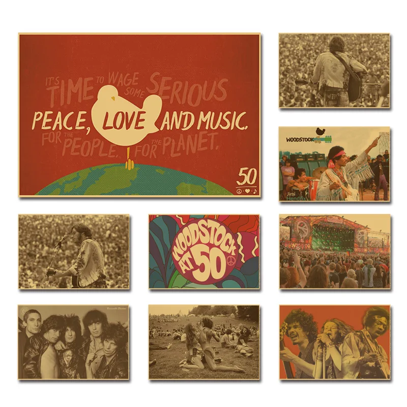 

30x45cm Woodstock 1969 Retro Coated Paper Poster Classic Love Peace Music Big Posters Brown Paper Vintage Wall Decor Art Painted