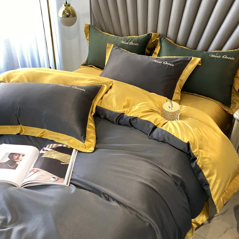 

Роскошный Семейный комплект постельного белья США, Королевский размер, Комплект постельного белья с золотой вышивкой, супермягкий Комплек...