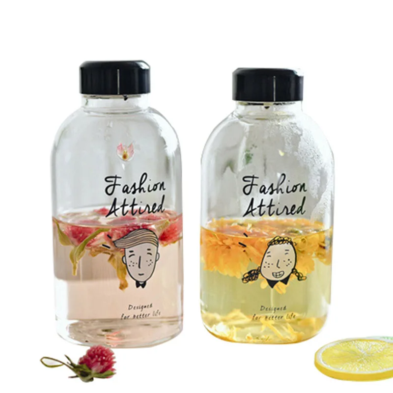 600ml Girls Water Bottle Glass Tea Drinking Bottles Travel Cute Print Drinkware |