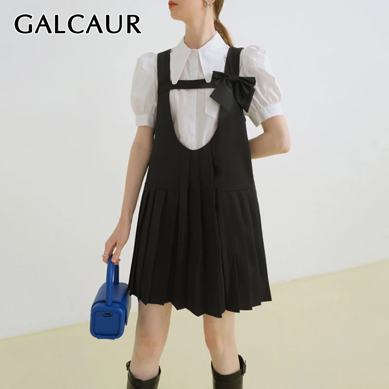 

GALCAUR Patchwork Casual Two Piece Set For Women Lapel Half Sleeve Shirts Square Collar Sleeve Dress Hit Color Sets Females 2021