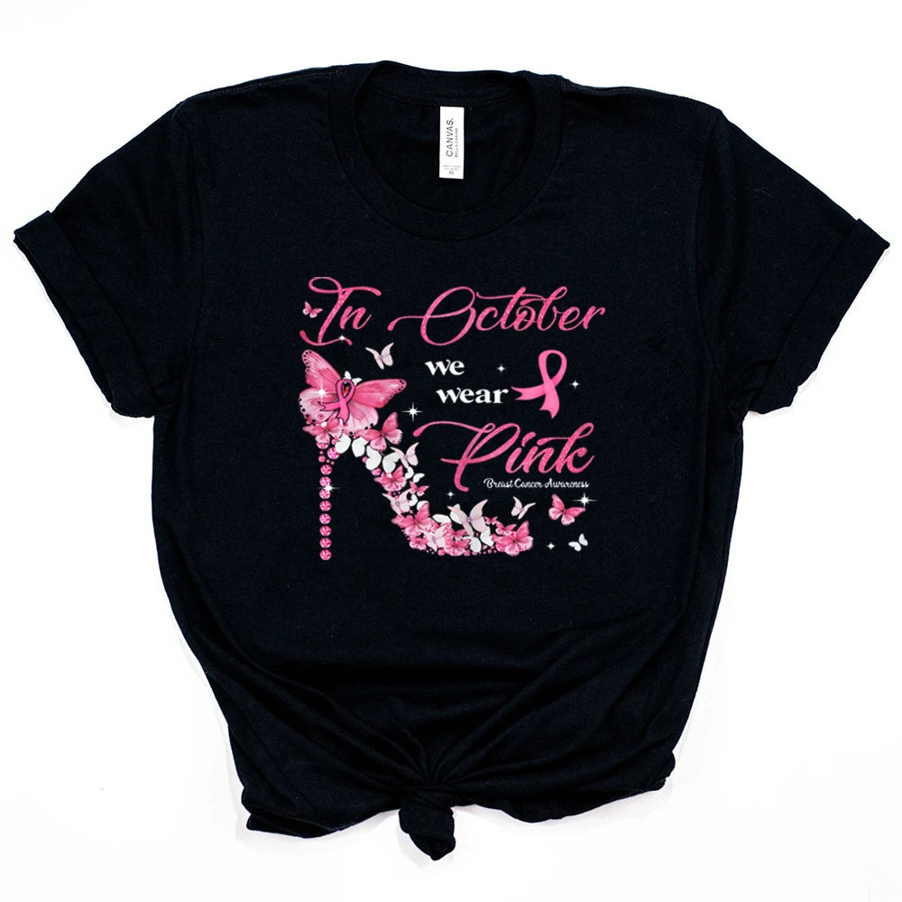 In October We Wear Pink Shirt Breast Cancer Awareness T-Shirt Breast Cancer Support Tees Cancer Warrior Shirts Harajuku Tops