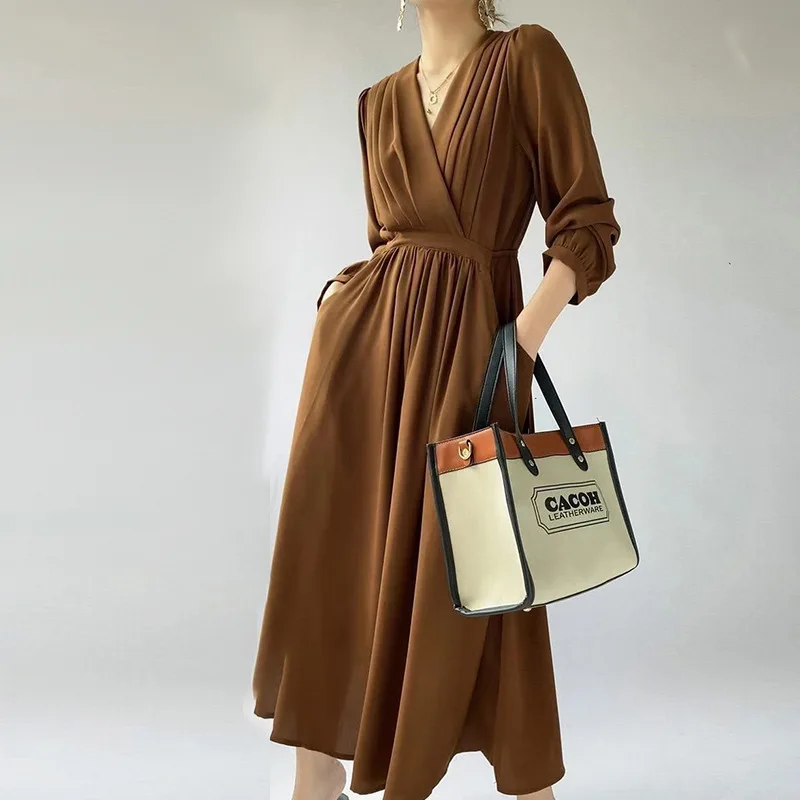 

Элегантное платье, длинная юбка, Новинка осени 2021, свободная юбка большого размера в Корейском стиле с поясом, бандажные платья, вечернее пл...