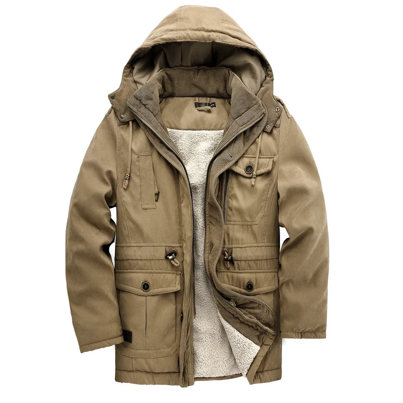 US Size Winter Men Hooded Parkas Jacket Fleece Thick Cotton-padded Coats Outdoor Multi-pocket Casual Overcoat Velvet Windbreaker
