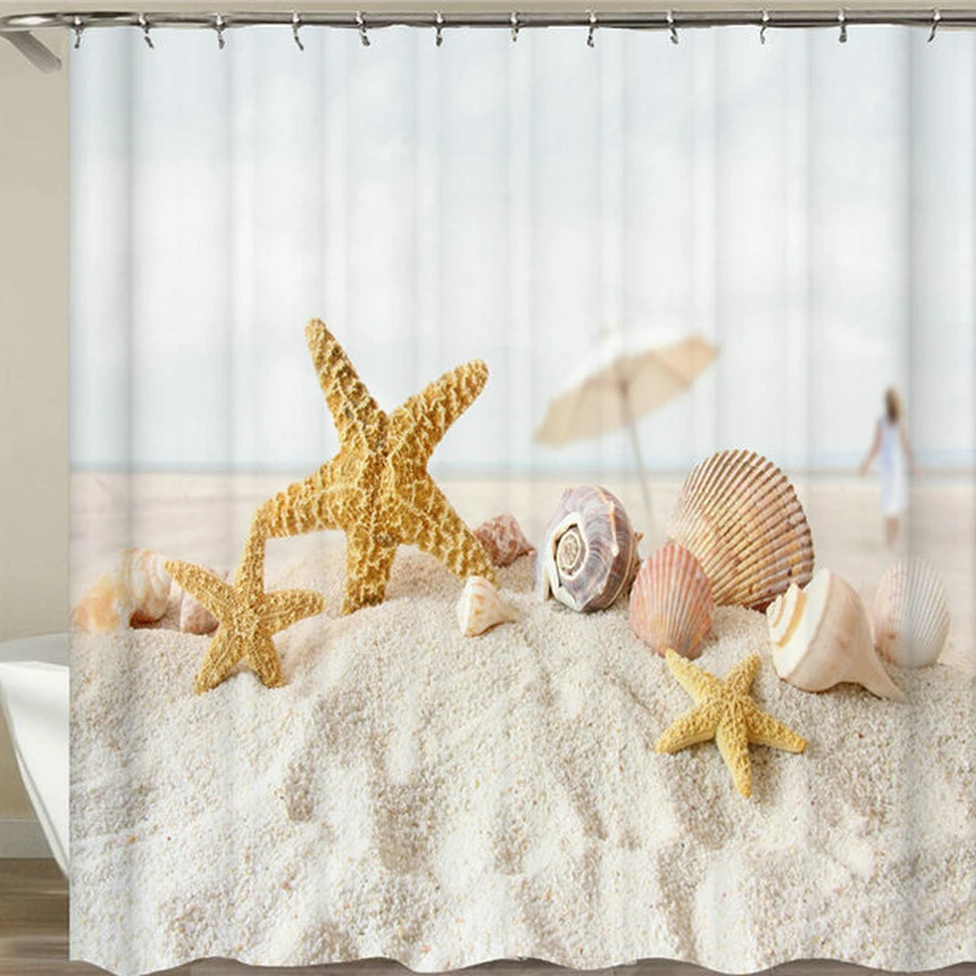 

Waterproof Shower Curtain 3d print Beach Sea Shell Sea Wave Bath Curtain Bathroom Polyester Cloth Bath Screen With 12 Hooks