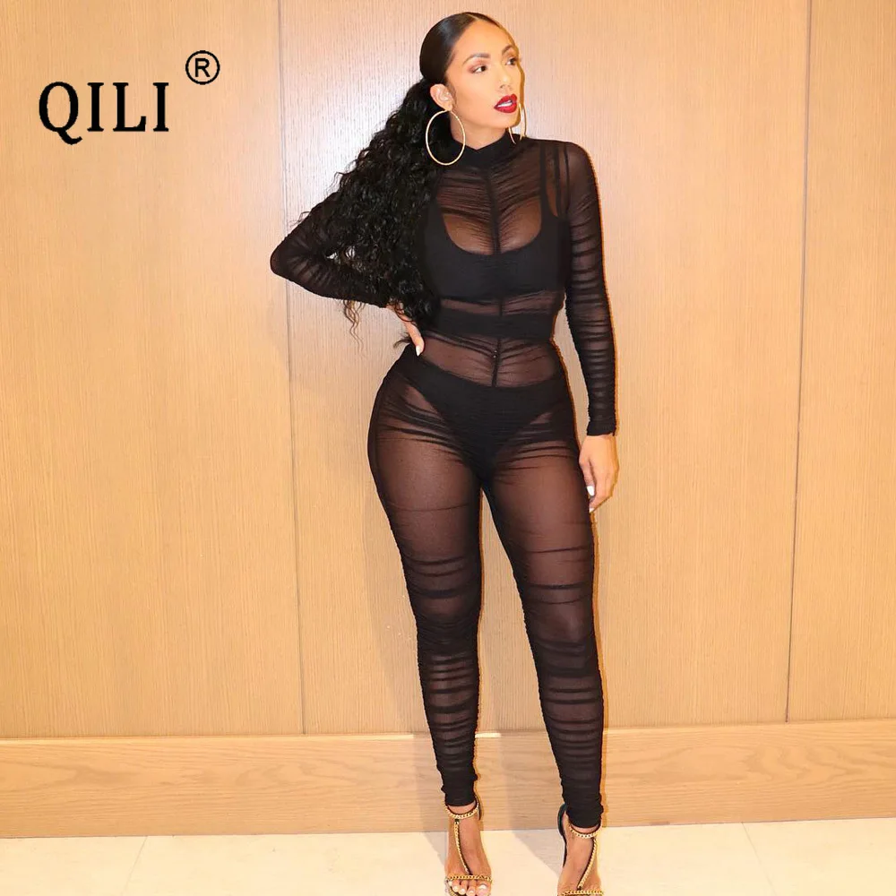 QILI Sexy Black Mesh Sheer Bodycon Jumpsuit Women 2021 Summer Clothes Long Sleeve Rompers See Through Night Club Jumpsuits