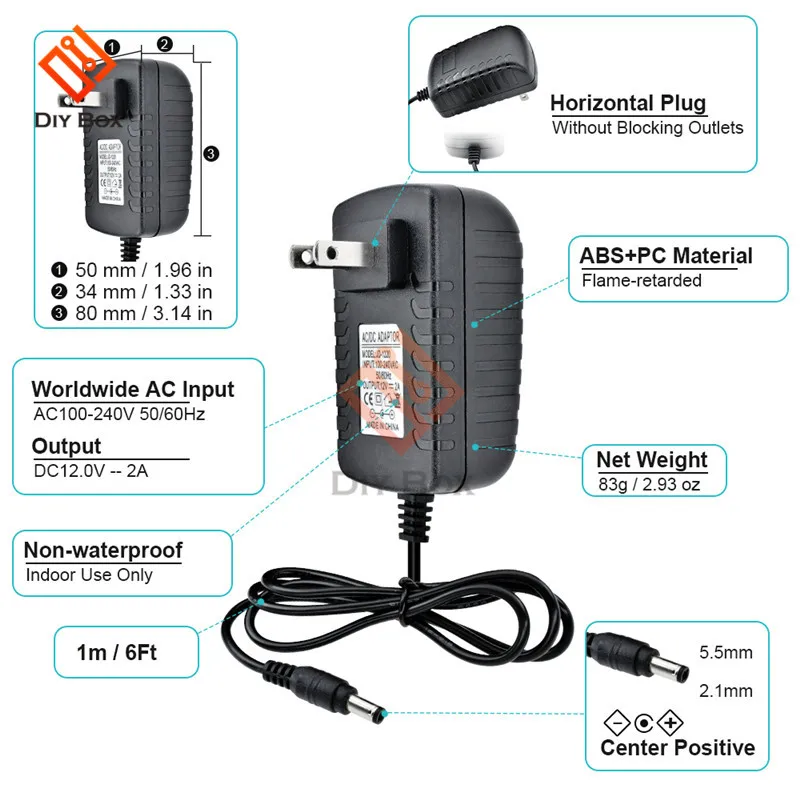 AC 100-240 V DC 12V 2A US EU Plug адаптер питания конвертер зарядное устройство 5,5*2,1 мм Интерфейс длина линии 1 м