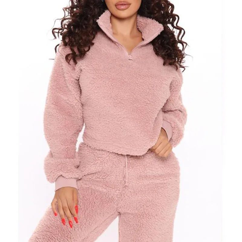 

Women Two-pieces Sets Solid Color Fleece Tracksuits Turtleneck Half Zip Pullover Tops Joggers Pants Autumn Winter Female Outfits