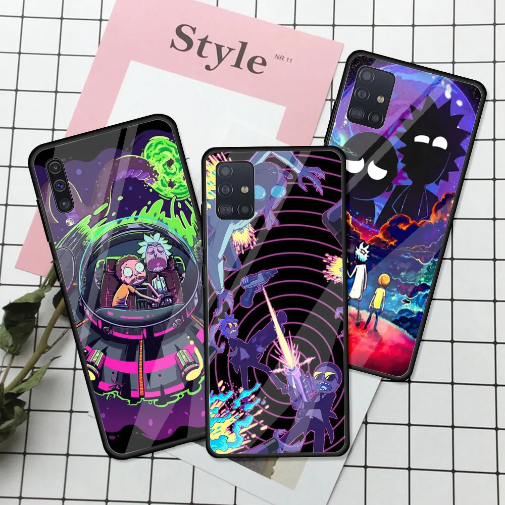

Hot Sale Glass Case For Samsung Galaxy A51 A71 A50 A70 A41 A40 A31 A21s A11 A10 Soft Matte Edge Phone Cover Ricks Cute Mortys