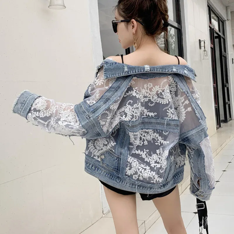 2021 новая осенняя и зимняя уличная мода кружева лоскутное отверстие джинсовая