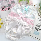 Мягкое японское кружевное нижнее белье для каваи, женские трусики с бантом, розовые, голубые, с прозрачными кружевами, женские стринги