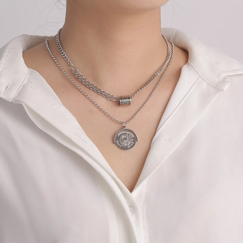 

Fashion hip-hop necklace female stainless steel rotating disc double chain stacking clavicle chain hot sale