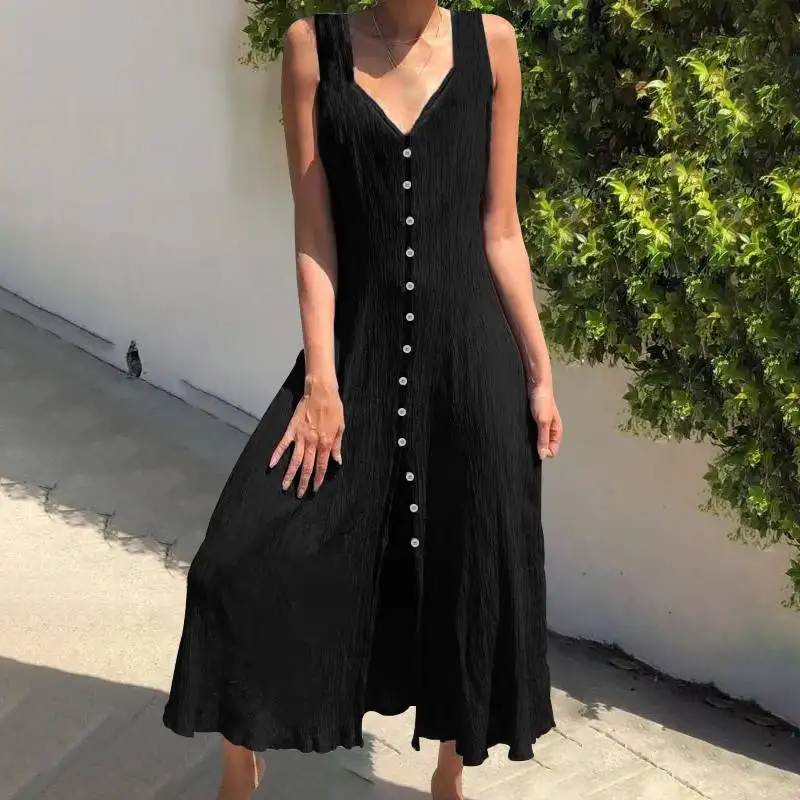 Black ZANZEA, летнее женское платье, элегантное, однотонное, длинный жилет, Vestidos, на пуговицах, v-образный вырез, Vestidos, сексуальное, с разрезом, длинное, макси, сарафан, 7 - Color: Black