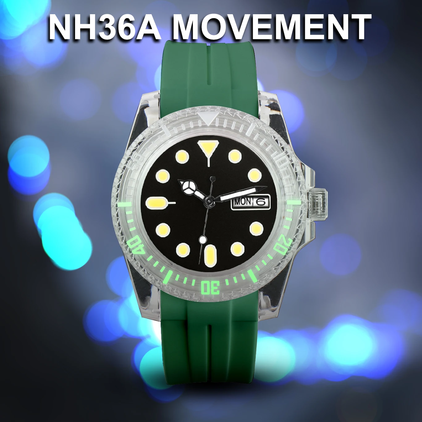 

40mm Sub Modify Watch Case Acrylic Transparent Watches Men's NH36 Movement Automatic Green Luminous Day-Date Rubber Jelly reloj