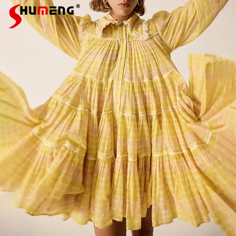 

2021 Summer Yellow Lapel Single Breasted Printing Dyeing Stitching Long Sleeve Dresses Women Loose Waist Tulle Tutu Short Dress