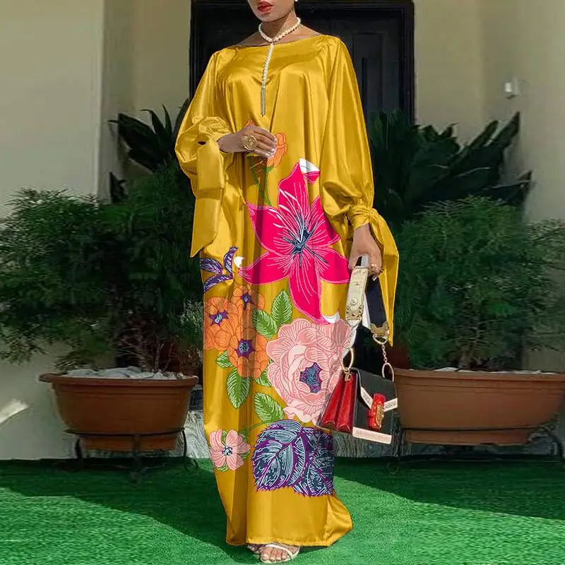 Bohemian Long Maxi Dress VONDA 2022 Women Vintage Floral Printed Party Dress Vestidos Autumn Long Sleeve Satin Slik Sundress