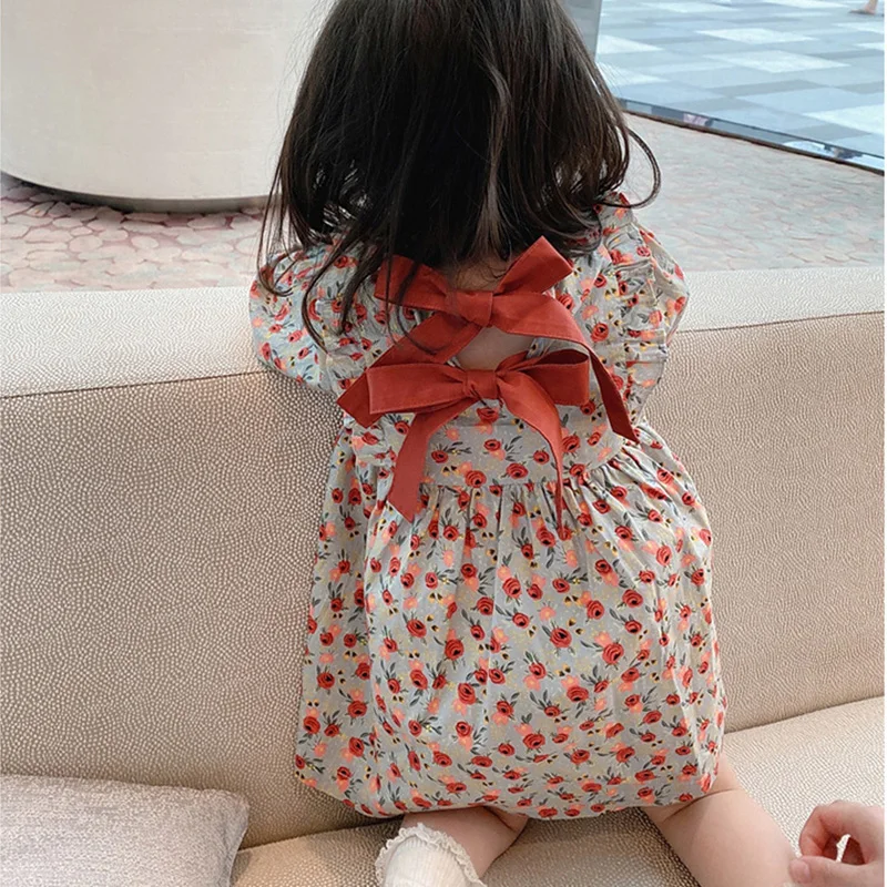 

2021 Autumn Fall Flower Baby Girls Floral Dress New Korean Fashion Bow Cute Costumes Children's Clothing Vestidos Casual Clothes