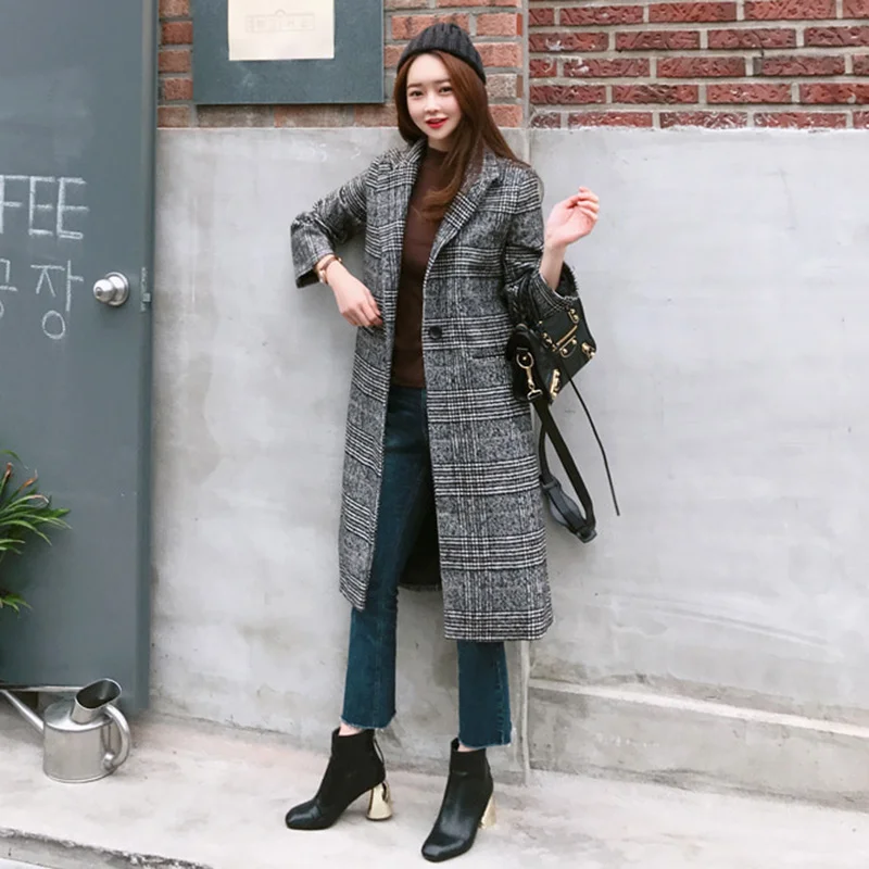 

2019 Spring Autumn Women's Wool Plaid Coat New Fashion Long Woolen Coat Slim Type Female Winter Wool s Female Outwear