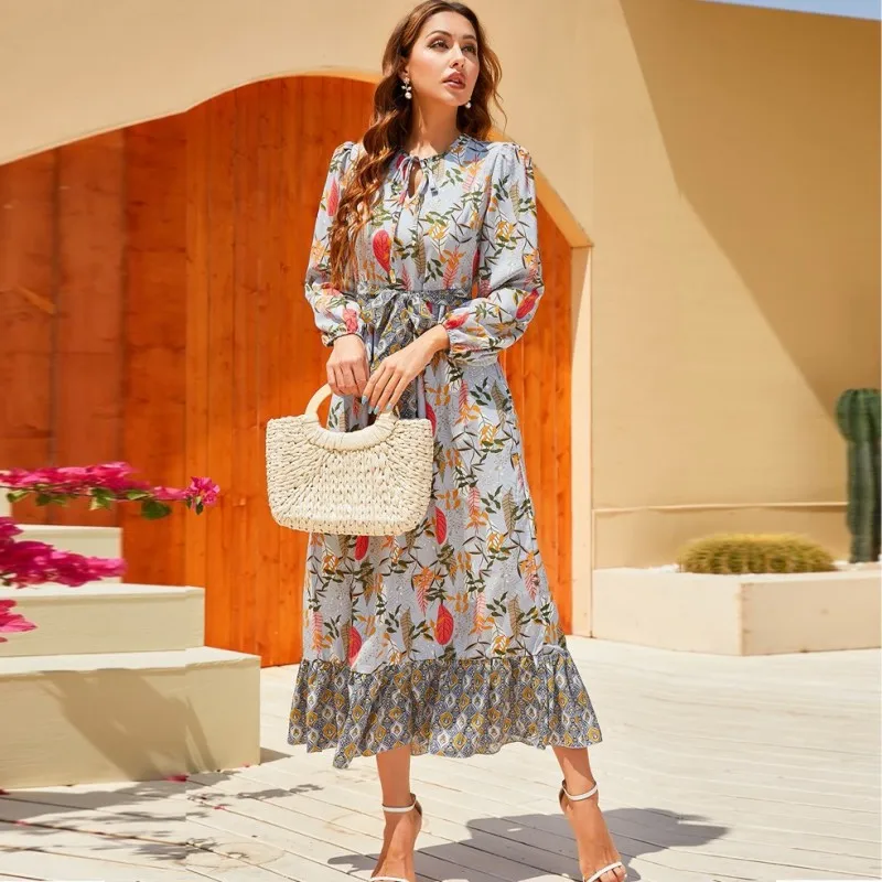 

Ruffle Maxi Dress Women Lace Up O Neck Full Sleeve Robes Summer New Fashion Print Elegant Chic Gowns Office Lady Dress Vestidos