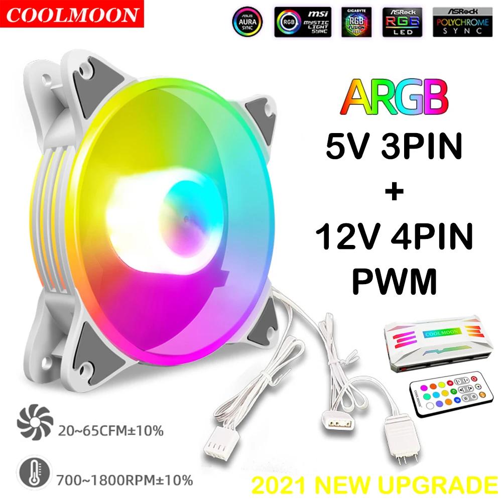 

Coolmoon PC ARGB White Fan 5V 3Pin 120mm 4Pin PWM PC Case Chassis Cooler Magic Moon Heatsink Radiator for Computer Water Cooling