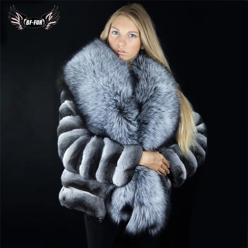 Enlarge Winter Coat Women Real Chinchilla Rex Rabbit Fur Jacket With Big Silver Fox Fur Collar Natural Pelt Genuine Rex Rabbit Fur Coats