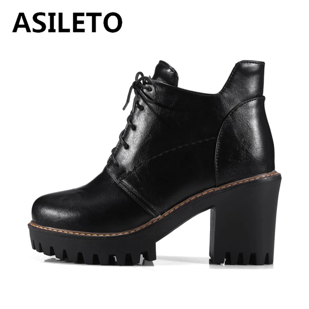 

ASILETO Autumn Women Ankle boots Round toe Square heel PU Cross-tied Lace-up Big size 33-43 Black Green Grey Date Party S1961
