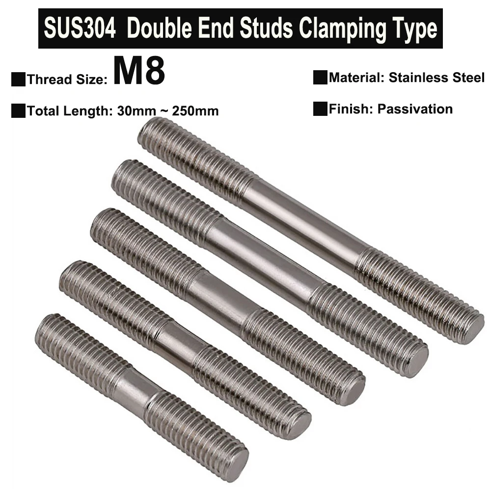 

3/2/1Pcs M8 SUS304 Stainless Steel Double End Stud Clamping Type Headless Stud Bolt Screw Rod Tooth Stick Dual Head Threaded Bar