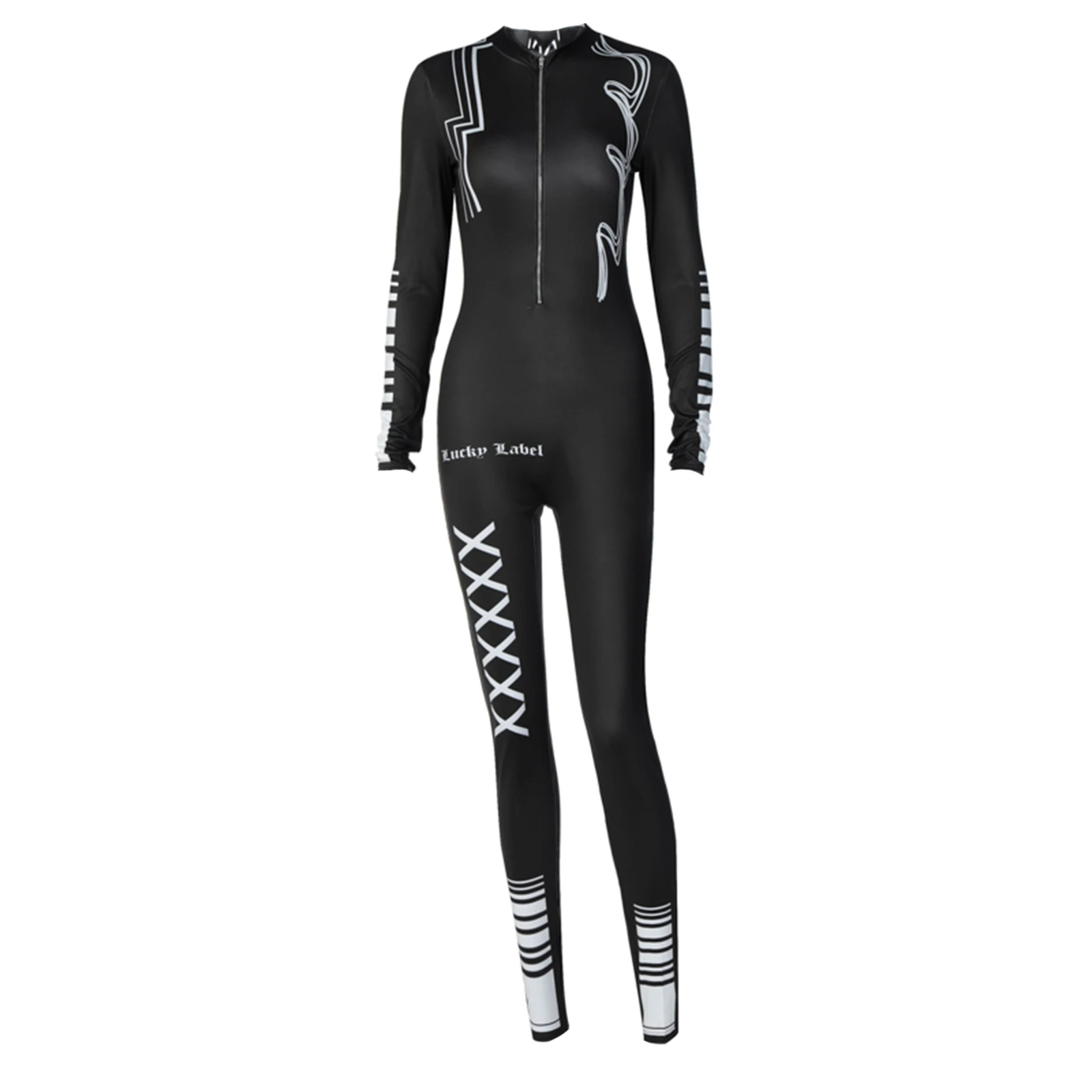 

Women Autumn Jumpsuits, Letters Print O-Neck Long Sleeves Zipper Open Formfitting Sports Bodysuits for Ladies