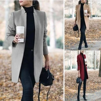 wholesale fashion women winter solid long sleeve jacket stand up collar faux wool coat