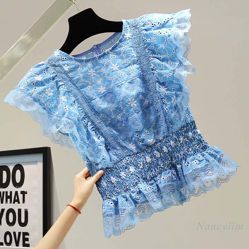 Dentelle Brodée Taille Haute Chemise Courte Femme 2021 Style Coréen d'été À Volants Creux Sans Manches En Coton et Lin Hauts Blusas