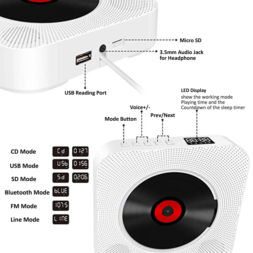 Bluetooth CD плеер настенный Hi Fi FM радио USB MP3 диск домашний портативный стерео динамик